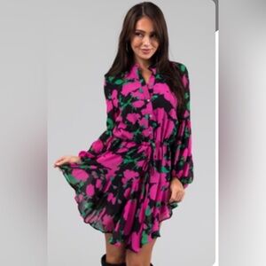 Floral Long Sleeve Dress in Pink and Green
